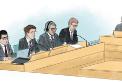 An artists impression from the trial of surgeon Paolo Macchiarini, third left, with his lawyer Bjorn Hurtigin, at left, in Solna District Court, Solna, Sweden, Wendsday, April 27, 2022. A surgeon who made headlines in 2011 for carrying out the world’s first stem-cell windpipe transplants at Sweden’s leading hospital is on trial accused of aggravated assault against three of his patients. Italian stem-cell scientist Dr. Paolo Macchiarini was once considered a leading figure in regenerative medicine and is credited with creating the world’s first windpipe partially made from a patient’s own stem cells. Sweden decided in December 2018 to reopen a previously discontinued investigation into three cases.