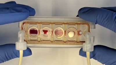 he new multi-organ chip has the size of a glass microscope slide and allows the culture of up to four human engineered tissues, whose location and number can be tailored to the question being asked. These tissues are connected by vascular flow, but the presence of a selectively permeable endothelial barrier maintains their tissue-specific niche.
