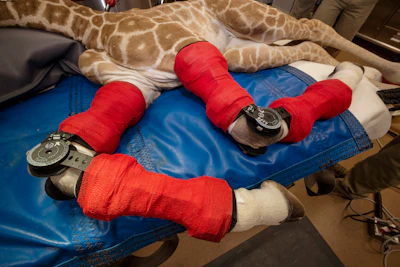 This Feb. 10, 2022, image released by the San Diego Zoo Wildlife Alliance shows Msituni, a giraffe calf born with an unusual disorder that caused her legs to bend the wrong way, in San Diego Zoo Safari Park in Escondido, north of San Diego. Msituni was fitted with custom-molded carbon graphite orthotic braces by using cast moldings of the calf's legs that were crafted by Hanger Clinic at the zoo.