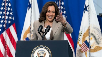 Vice President Kamala Harris speaks about electric school buses, during an event at Meridian High School in Falls Church, Va., Friday, May 20, 2022.