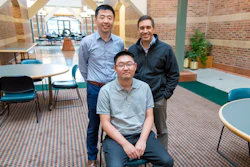 Researchers at the Beckman Institute developed an algorithm to rapidly measure and reconstruct whole-brain vasculature and blood flow. Their work could enhance future research into the mechanisms underlying conditions like Alzheimer's disease. Standing: Pengfei Song (left); Dan Llano. Seated: Qi You.