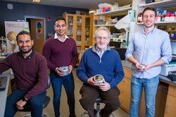 This photo shows the Wyss Institute’s team that developed the eRapid electrochemical biosensor technology. Shown from left to right are: Sanjay Sharma Timilsina, Ph.D., former Postdoctoral Fellow on the team; Pawan Jolly, Ph.D., Wyss Senior Staff Scientist; Donald Ingber, M.D., Ph.D., Wyss Founding Director; and Nolan Durr, former Wyss Research Assistant. Research engineers Timilsina and Durr are joining StataDX, which was co-founded by Jolly and Ingber together with external co-founders Sidhant Jena, CEO, and Michal Depa, CTO.