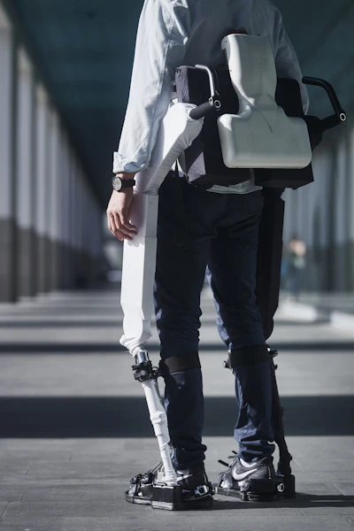 The exoskeleton is fastened with a corset around the trunk and cuffs around the legs of the user.