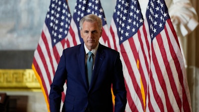 House Minority Leader Kevin McCarthy of Calif., departs after speak during a Congressional Gold Medal ceremony honoring law enforcement officers who defended the U.S. Capitol on Jan. 6, 2021, in the U.S. Capitol Rotunda in Washington, Tuesday, Dec. 6, 2022.