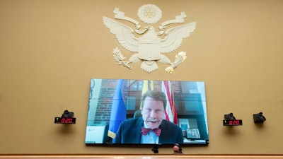 Food and Drug Administration Commissioner Robert Califf testifies via video during a House Commerce Oversight and Investigations subcommittee hybrid hearing on the nationwide baby formula shortage on Wednesday, May 25, 2022, in Washington.