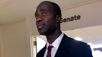 Dr. Joseph Ladapo speaks with reporters after the Florida Senate confirmed his appointment as the state's surgeon general on Feb. 23, 2022, in Tallahassee, Fla.