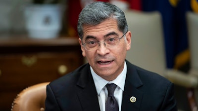 Health and Human Services Secretary Xavier Becerra speaks during a meeting with a task force on reproductive health care access in the Roosevelt Room of the White House, April 12, 2023, in Washington.