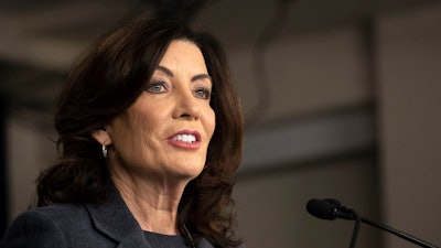 New York Gov. Kathy Hochul addresses the media during a press conference in New York, Monday, March. 13, 2023.