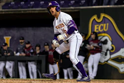 This photo provided by East Carolina University shows Parker Byrd during an NCAA college baseball game against Rider, Friday, Feb. 16, 2024 in Greenville, N.C.