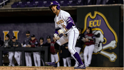 This photo provided by East Carolina University shows Parker Byrd during an NCAA college baseball game against Rider, Friday, Feb. 16, 2024 in Greenville, N.C.