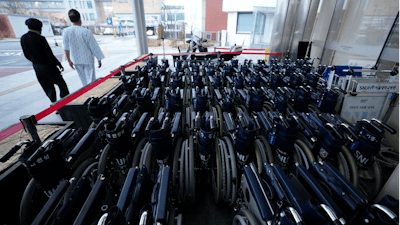 Wheelchairs are placed at Seoul National University Hospital in Seoul, South Korea, Tuesday, Feb. 20, 2024.
