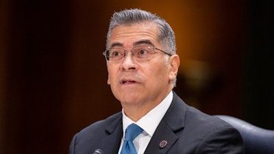 Health and Human Services Secretary Xavier Becerra testifies during a hearing of the Senate Appropriations Committee on Capitol Hill, Nov. 8, 2023, in Washington.