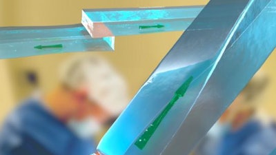 This illustration highlights how two hydrogels (shown in blue) can be bonded in different ways by thin chitosan films (shown in orange). The bonds that form are extraordinarily strong and can resist high tensions.