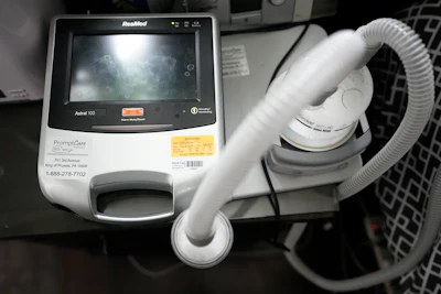 One of Temple University doctoral student Jaggar DeMarco's ventilators is seen at his home in Philadelphia, Wednesday, March 6, 2024. DeMarco said Aetna denied a request for a second breathing machine, and then several appeals. Eventually, his father’s employer essentially overruled the insurer and allowed coverage.