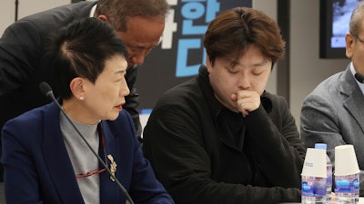 Park Dan, head of an emergency committee at the Korean Intern Resident Association, center right, is seen during a meeting at the Korean Medical Association in Seoul, South Korea, March 31, 2024. South Korea’s president Yoon Suk Yeol met the leader of thousands of striking junior doctors on Thursday, April 4, 2024, and promised to respect their position during future talks over his contentious push to sharply increase medical school admissions. The meeting between President Yoon Suk Yeol and Park Dan, head of an emergency committee for the Korea Intern Resident Association, was the first of its kind since more than 90% of the country’s 13,000 trainee doctors walked off the job in February, disrupting hospital operations.