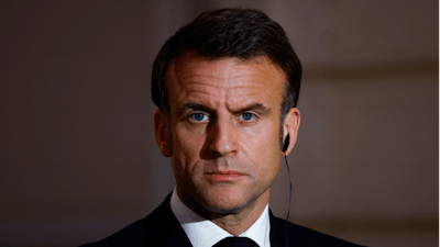 French President Emmanuel Macron looks on during a joint statement with Serbian President Aleksandar Vucic, before a working dinner at the Elysee Palace in Paris, Monday, April 8, 2024.