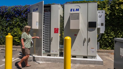 CEO Sue Labbe shows the battery system at Alliance Medical Center in Healdsburg, Calif., Wednesday, May 29, 2024. In May, the medical center — which serves 13,000 patients per year, mostly underinsured and uninsured essential workers who labor in the wine country’s fields, hotels and restaurants — turned on a new rooftop solar and battery storage system.