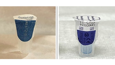 This photo combo provided by the FDA shows an authentic Ozempic needle, left and a counterfeit needle, right. The World Health Organization and drugmaker Eli Lilly and Co. are warning people to be wary of fake versions of popular weight-loss and diabetes medicines.