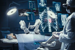 Surgeon Wearing AR Headsets And Using High-Precision Remote Controlled Robot Arms To Operate On Patient In Hospital.