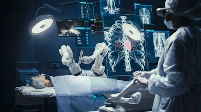 Surgeon Wearing AR Headsets And Using High-Precision Remote Controlled Robot Arms To Operate On Patient In Hospital.