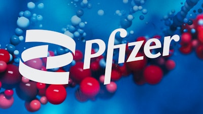 The Pfizer logo is displayed at the company's headquarters, Friday, Feb. 5, 2021, in New York.
