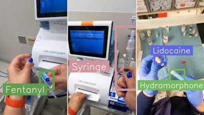 Still images from video snippets show how AI identifies in real-time what a clinician is holding.