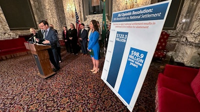 Washington Attorney General Bob Ferguson announces a $149.5 million settlement with drugmaker Johnson & Johnson, more than four years after the state sued the company over its role fueling the opioid addiction crisis, in Olympia, Wash., Jan. 24, 2024.