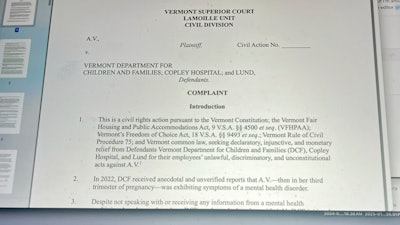A lawsuit filed by The ACLU of Vermont and Pregnancy Justice that alleges that Vermont's child welfare agency routinely targets and tracks pregnant women deemed unsuitable for parenthood is shown on a computer screen on Friday, Jan. 17, 2025.