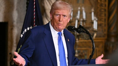 President Donald Trump speaks at Mar-a-Lago in Palm Beach, Fla., Tuesday, Feb. 18, 2025.