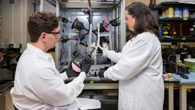University of Delaware Assistant Professor Catherine Fromen and current graduate student Dominic Hoffman work with an adaptable lung model that can replicate realistic breathing maneuvers and offer personalized evaluation of aerosol therapeutics under various combinations of breathing conditions, formulations and parameters. They are testing to see the effectiveness of inhalable medications in the model.