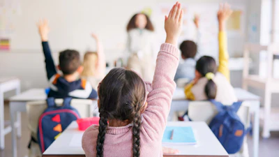 Students raise their hand in a classroom.