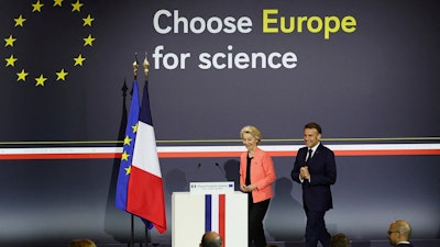 French President Emmanuel Macron and European Commission President Ursula Von der Leyen attend the 'Choose Europe for Science' event, to encourage researchers and scientists from all over the world to practice in Europe, at the Sorbonne University in Paris, Monday, May 5, 2025.