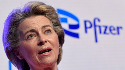 uropean Commission President Ursula von der Leyen makes a statement during an official visit to the Pfizer pharmaceutical company in Puurs, Belgium, Friday, April 23, 2021.