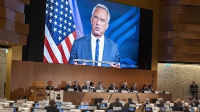 American Minister of Health, Robert Kennedy Jr, delivers a statement on a video about the historic agreement on how to combat future pandemics, aimed at avoiding a repeat of the mistakes made during the Covid-19 crisis, during the 78th World Health Assembly (WHA78) at the European headquarters of the United Nations in Geneva, Switzerland, Tuesday, May 20, 2025.