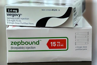 Medication boxes for Wegovy 2.4mg and Zepbound 15mg injection pens, showing product packaging and dosage information