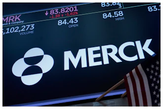 Merck corporate logo displayed on stock market trading screen