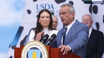Secretary of Health & Human Services Robert F. Kennedy Jr. speaks alongside U.S. Secretary of Agriculture Brooke Rollins, during a ceremony announcing that major U.S. ice cream makers will phase out artificial colors by the end of 2027, at the U.S. Department of Agriculture, Monday, July 14, 2025 in Washington.