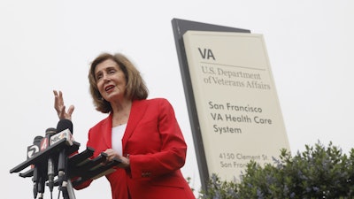 Democratic Rep. Nancy Pelosi speaks on the corner of Clement Street and 42nd Avenue after touring the San Francisco VA Medical Center and meeting VA officials to mark House Democrats' Honor Our Veterans Day of Action on Thursday, Aug. 7, 2025, in San Francisco.