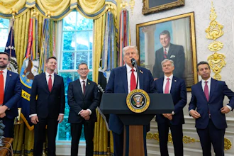 Presidential press conference in Oval Office with six men standing near presidential podium
