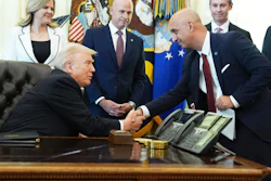 President Donald Trump, left, shakes the hand of Novo Nordisk President and CEO Mike Doustdar during an event about drug prices, Thursday, Nov. 6, 2025, in the Oval Office of the White House in Washington.