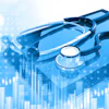 Blue medical stethoscope over digital financial charts and data visualization