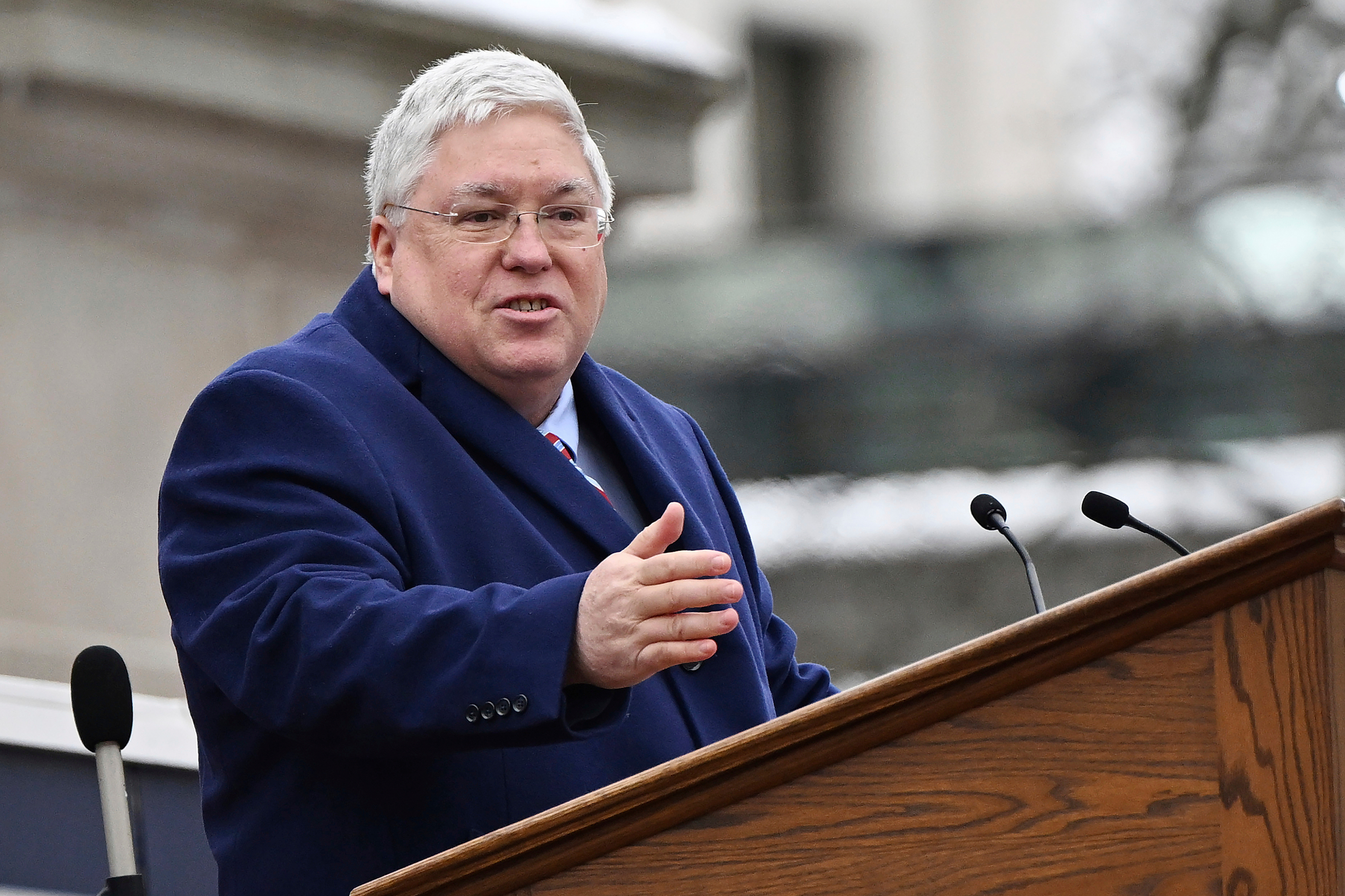 West Virginia Gov. Patrick Morrisey speaks at the state capitol in Charleston, W.Va., Jan. 13, 2025.