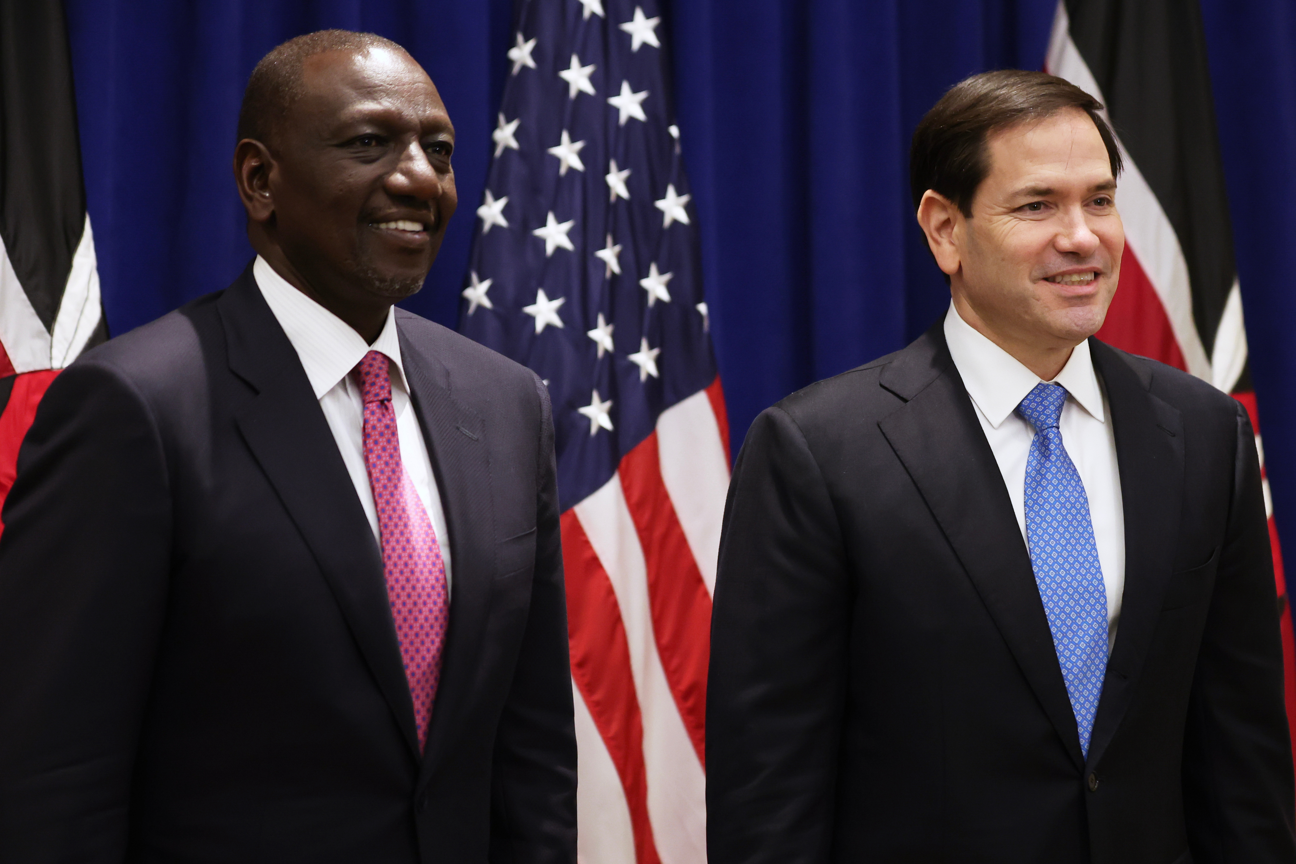 U.S. Secretary of State Marco Rubio, right, and Kenyan President William Ruto pose for photos before a meeting, Sept. 24, 2025, in New York.