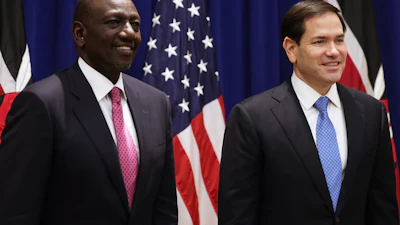 U.S. Secretary of State Marco Rubio, right, and Kenyan President William Ruto pose for photos before a meeting, Sept. 24, 2025, in New York.