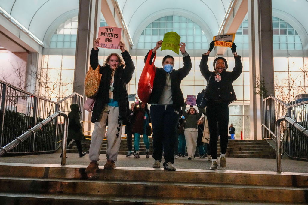 Nurses strike outside Mount Sinai West Hospital, Monday, Jan. 12, 2026, in New York.