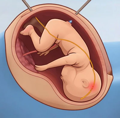 This illustration shows how the new probe enters a surgical port to reach a fetus in utero.