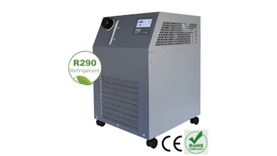 Gray industrial refrigeration unit with R290 refrigerant and compliance certification logos