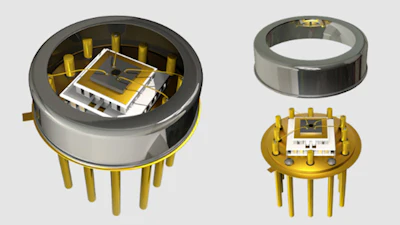 3D renderings of integrated circuit packages with gold pins and metal casings shown from multiple angles