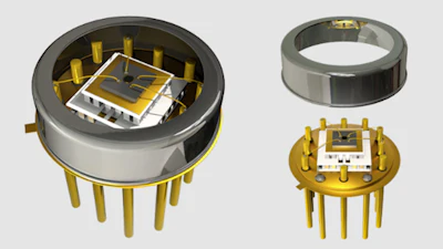3D renderings of integrated circuit packages with gold pins and metal casings shown from multiple angles