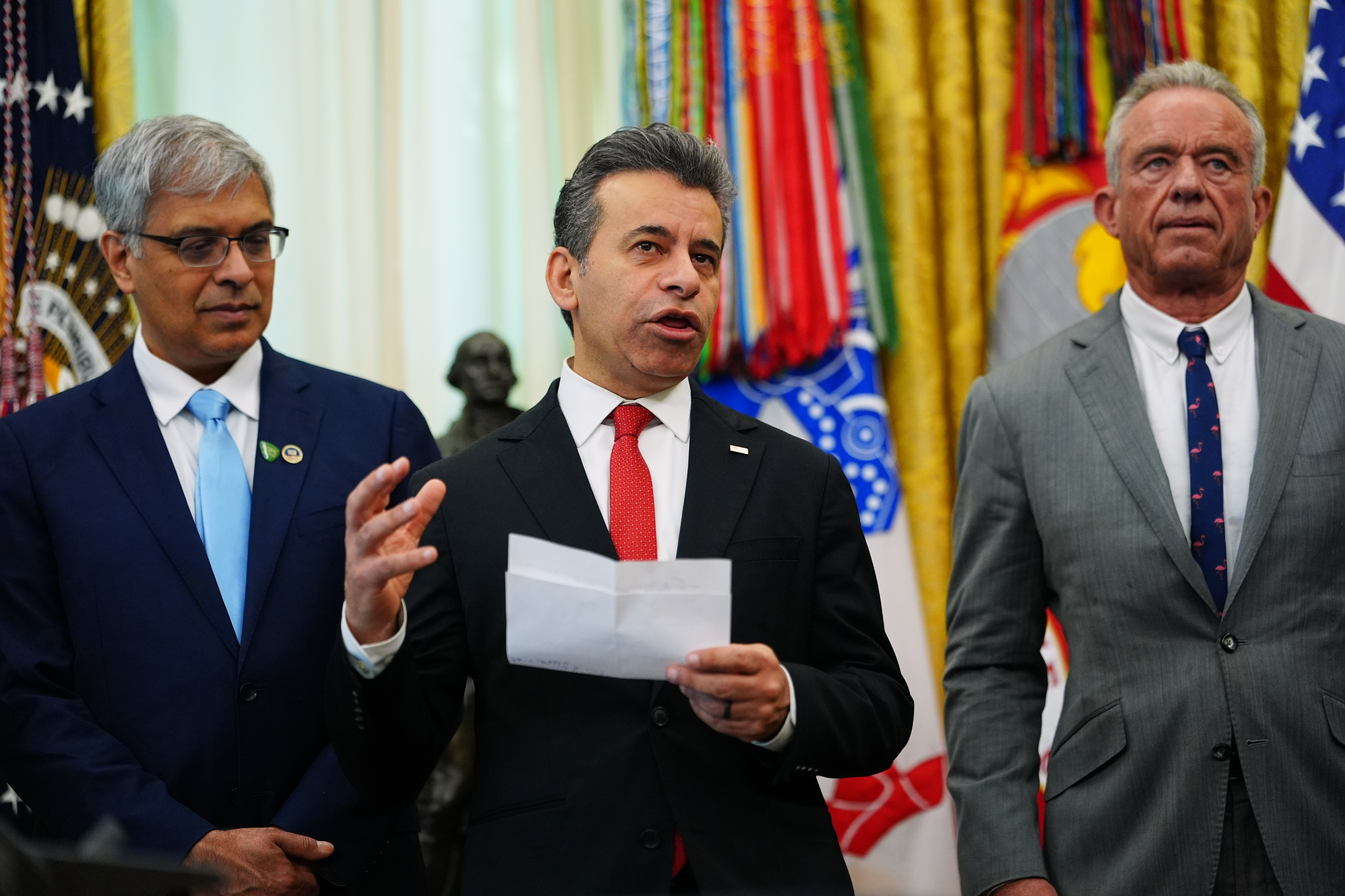 NIH Director Jay Bhattacharya, FDA Commissioner Marty Makary and HHS Secretary Robert F. Kennedy Jr. in the Oval Office of the White House, April 18, 2026.